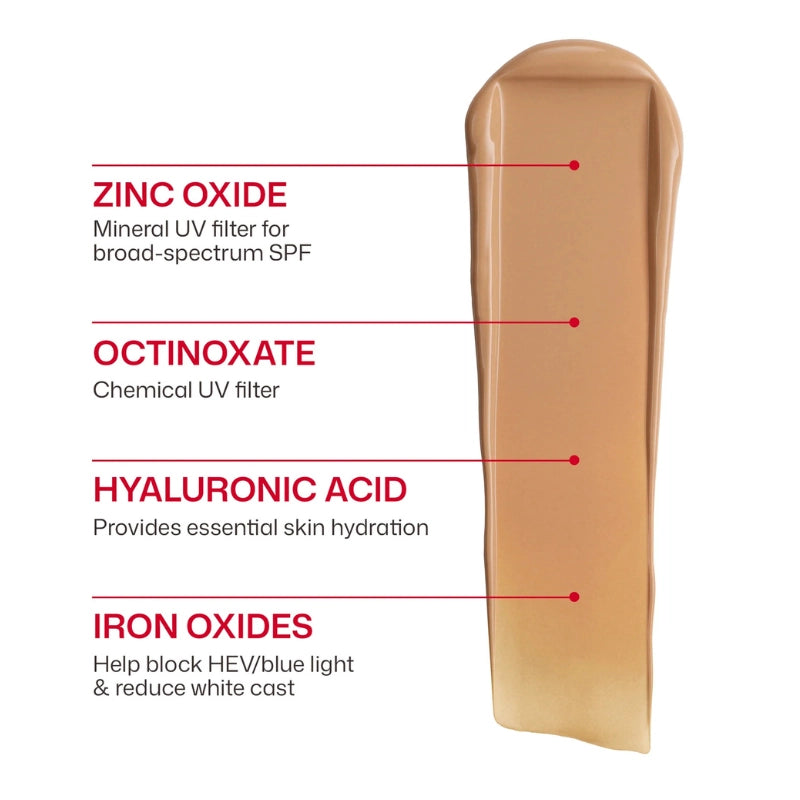 EltaMD UV Daily Tinted Broad Spectrum SPF 40 product smear showing Zink Oxide, Octinoxate, Hyalronic Acid, and Iron Oxides